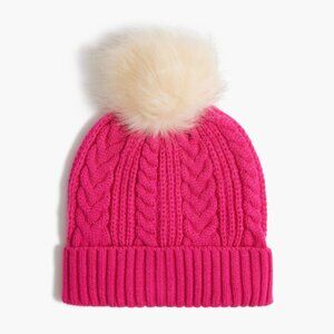 J.Crew NWT Pink Cable Knit Beanie Hat w/Faux Fur Pom Pom - Winter Hat